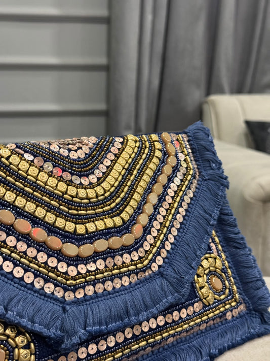 Navy Blue Beaded Fringe Clutch Bag – Boho Embellished Evening Handbag