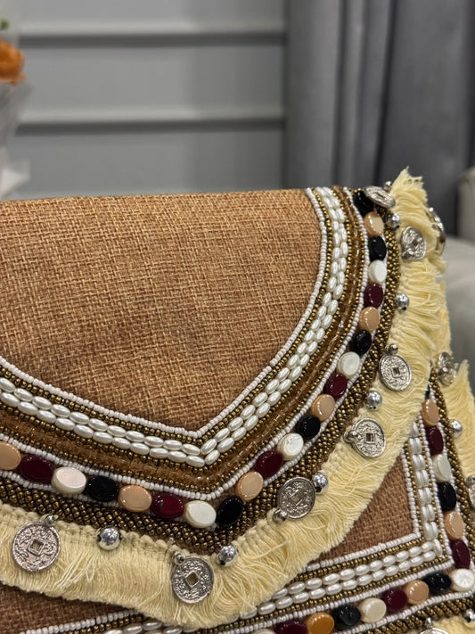 Boho Beige Beaded Fringe Clutch – Hand-Embroidered Statement Evening Bag