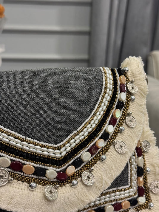 Handcrafted Black & Ivory Embellished Clutch – Beaded Coin & Fringe Statement Bag