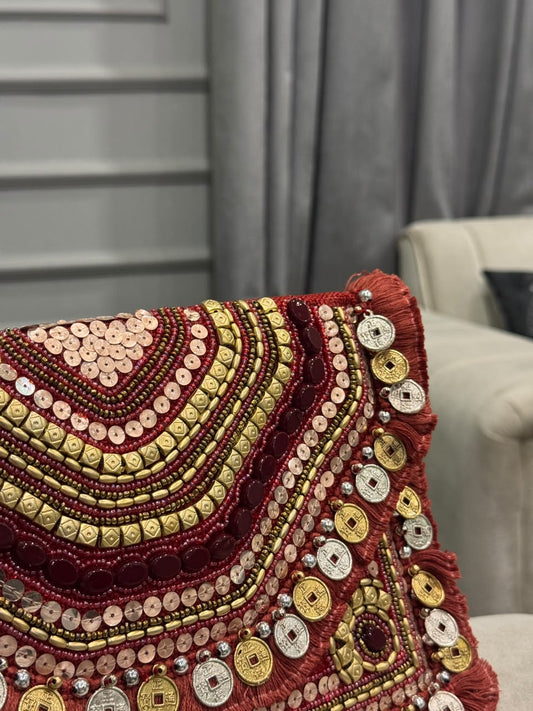 Handcrafted Maroon Embroidered Coin Clutch – Traditional Statement Evening Bag