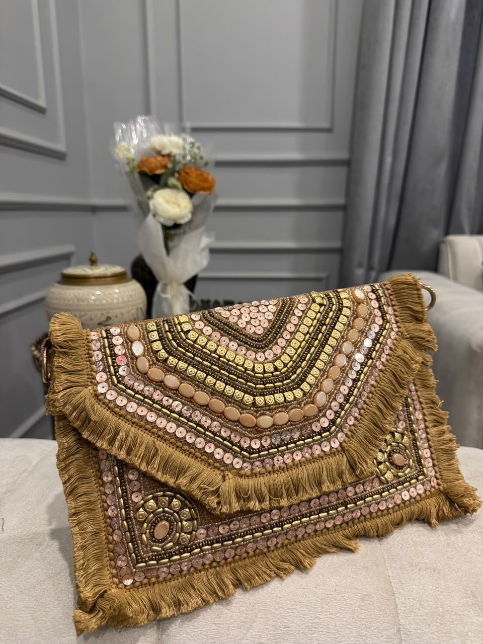 Champagne Gold Beaded Fringe Clutch – Embellished Boho Statement Evening Bag