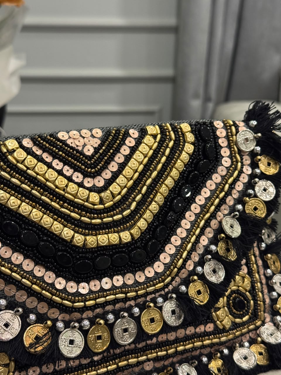 Black Beaded Fringe Clutch – Gold & Silver Embellished Boho Statement Bag