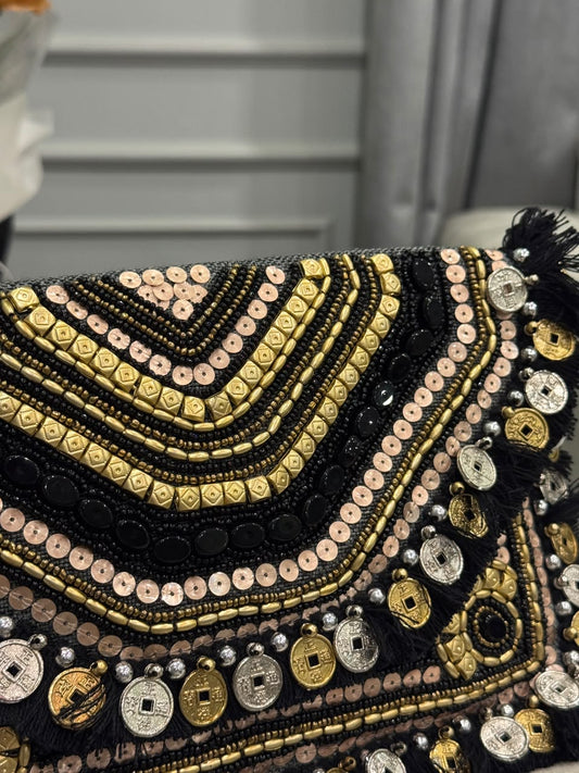 Black Beaded Fringe Clutch – Gold & Silver Embellished Boho Statement Bag