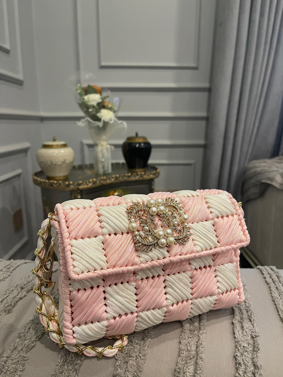Luxury Pink & Ivory Woven Shoulder Bag with Pearl Embellished Brooch & Gold Chain Strap