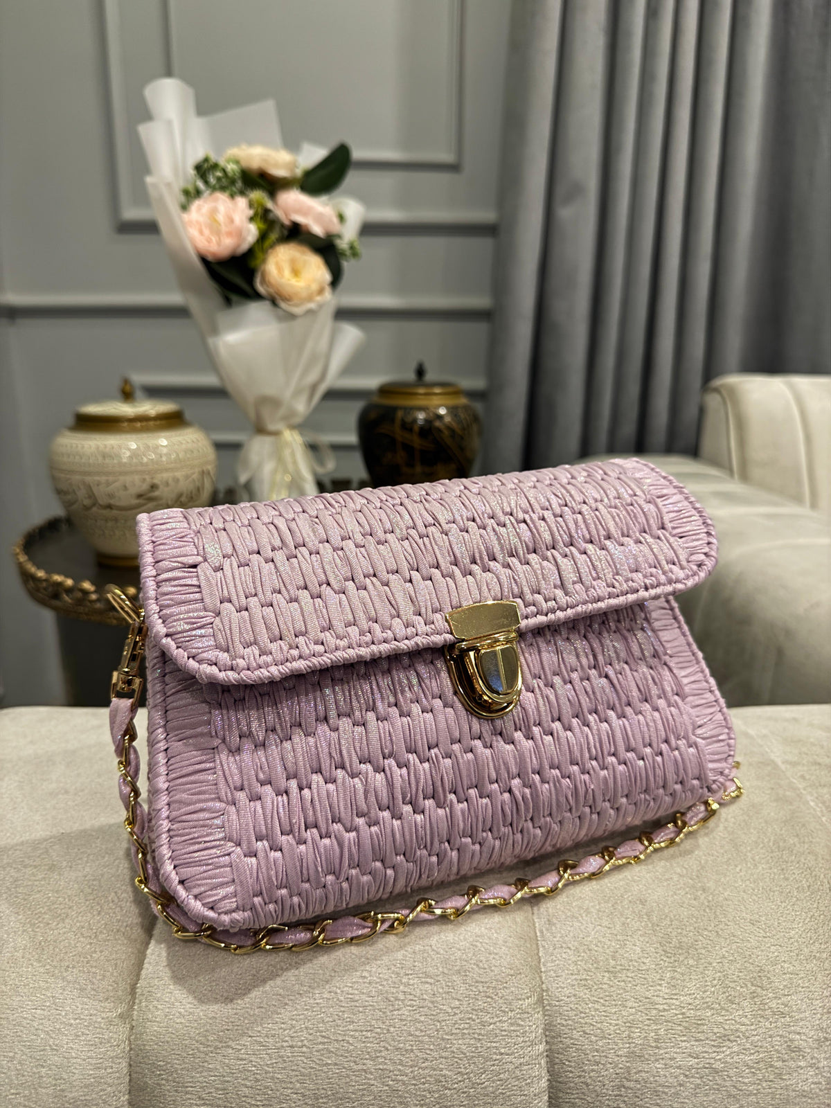 Lavender Woven Clutch Bag with Gold-Tone Chain Strap & Turn-Lock Closure