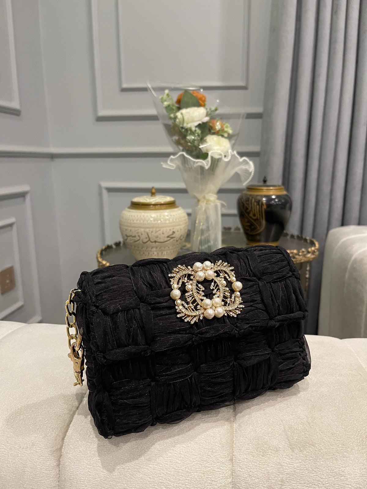 Elegant Black Quilted Velvet Clutch Bag with Pearl & Rhinestone Brooch and Gold Chain Strap
