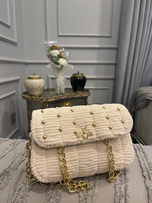 Luxury Cream Textured Pearl Studded Shoulder Bag with Gold Chain & Bee Charm