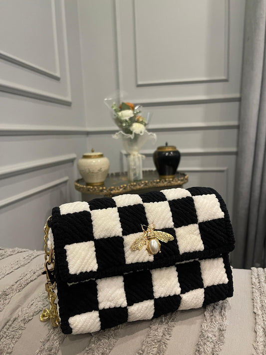 Black & White Checkerboard Quilted Shoulder Bag with Gold Bee Charm