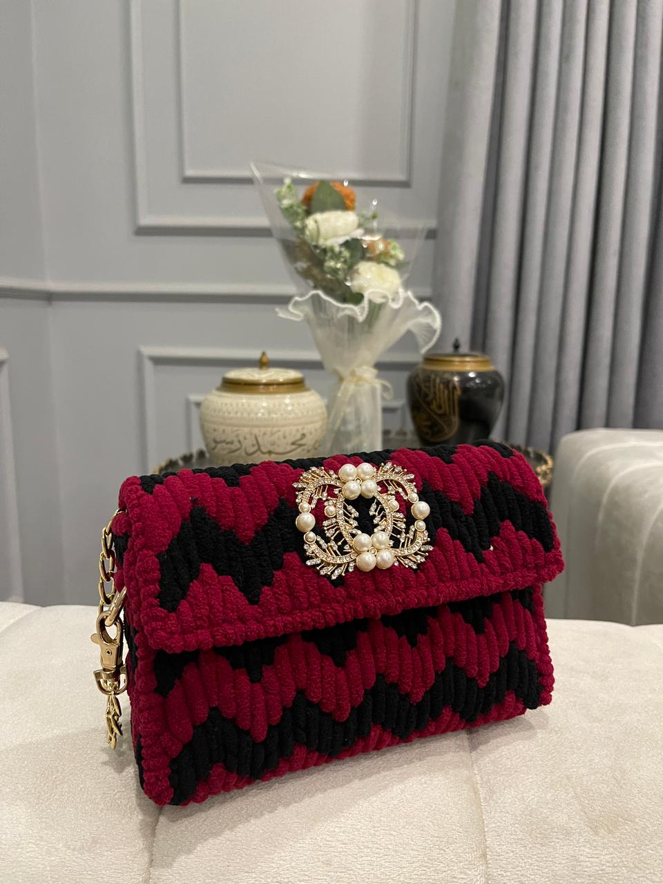 Burgundy & Black Textured Clutch Bag with Pearl & Gold-Tone Brooch