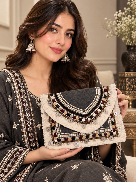 Handcrafted Black & Ivory Embellished Clutch – Beaded Coin & Fringe Statement Bag