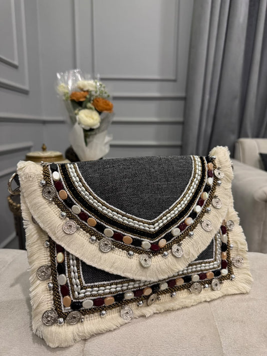 Handcrafted Black & Ivory Embellished Clutch – Beaded Coin & Fringe Statement Bag