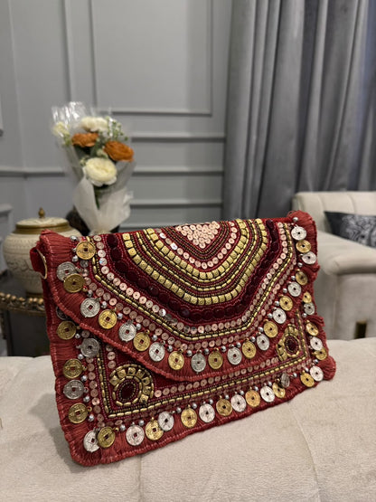 Handcrafted Maroon Embroidered Coin Clutch – Traditional Statement Evening Bag