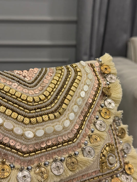 Handcrafted Champagne & Gold Embellished Clutch – Coin & Fringe Statement Bag