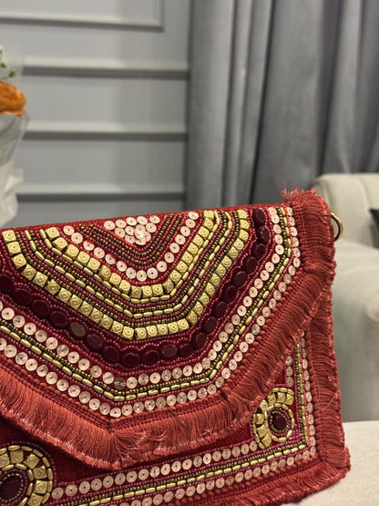 Handcrafted Maroon Embroidered Clutch Bag | Luxury Beaded Evening Bag | Treasure Thread