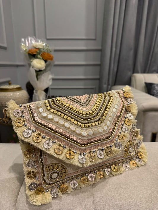 Handcrafted Champagne & Gold Embellished Clutch – Coin & Fringe Statement Bag