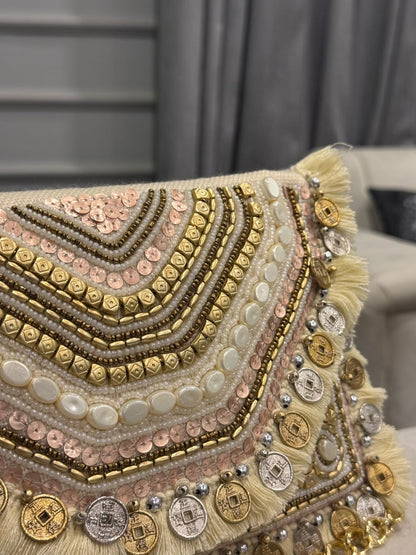 Handcrafted Champagne & Gold Embellished Clutch – Coin & Fringe Statement Bag