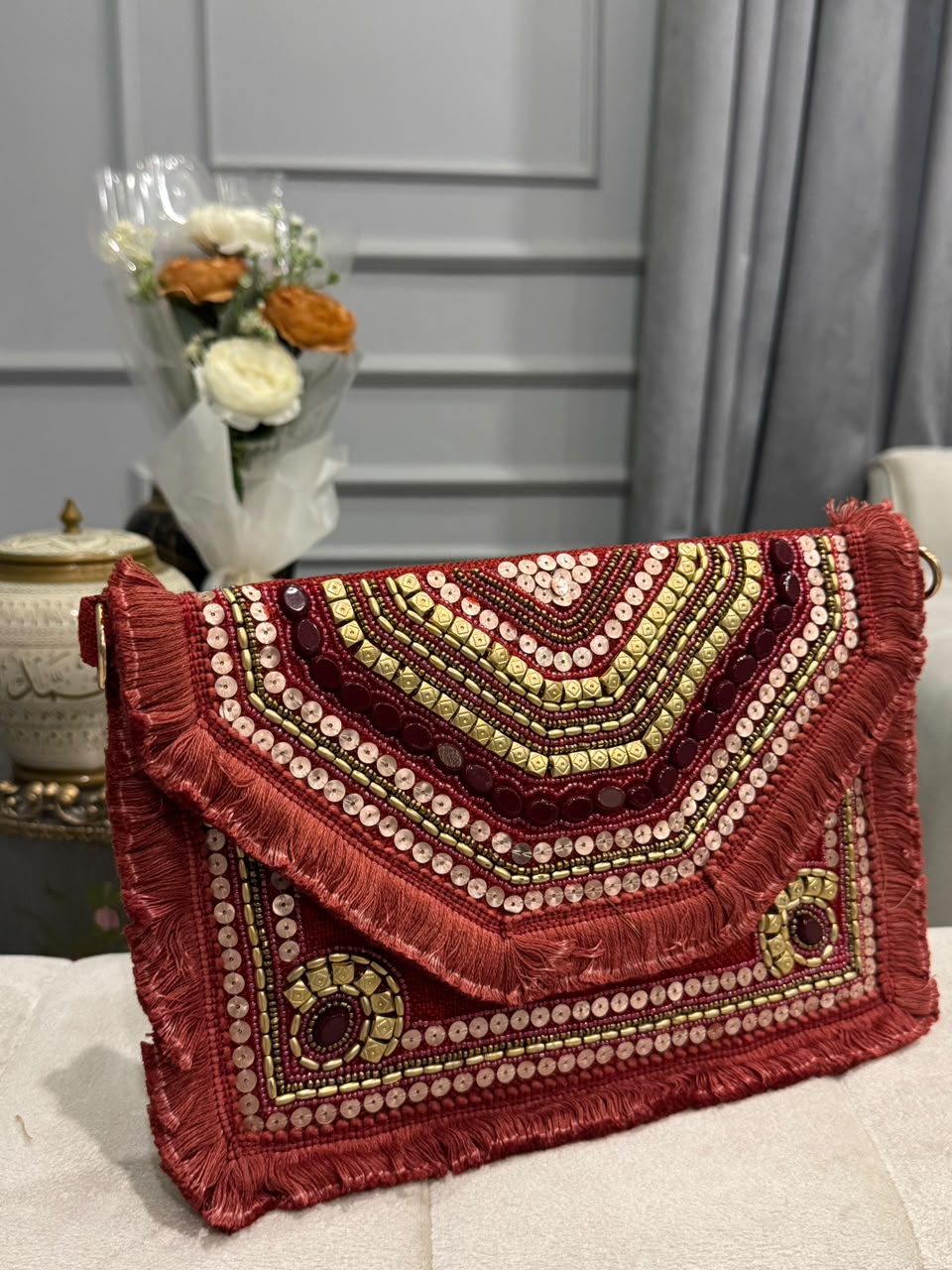Handcrafted Maroon Embroidered Clutch Bag | Luxury Beaded Evening Bag | Treasure Thread