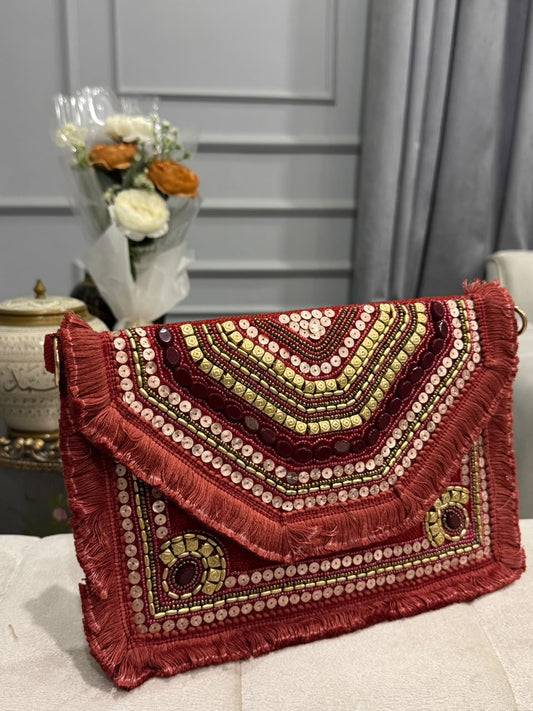 Handcrafted Maroon Embroidered Clutch Bag | Luxury Beaded Evening Bag | Treasure Thread