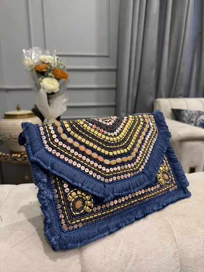 Navy Blue Beaded Fringe Clutch Bag – Boho Embellished Evening Handbag