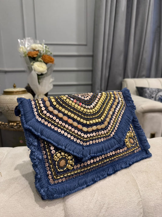 Navy Blue Beaded Fringe Clutch Bag – Boho Embellished Evening Handbag