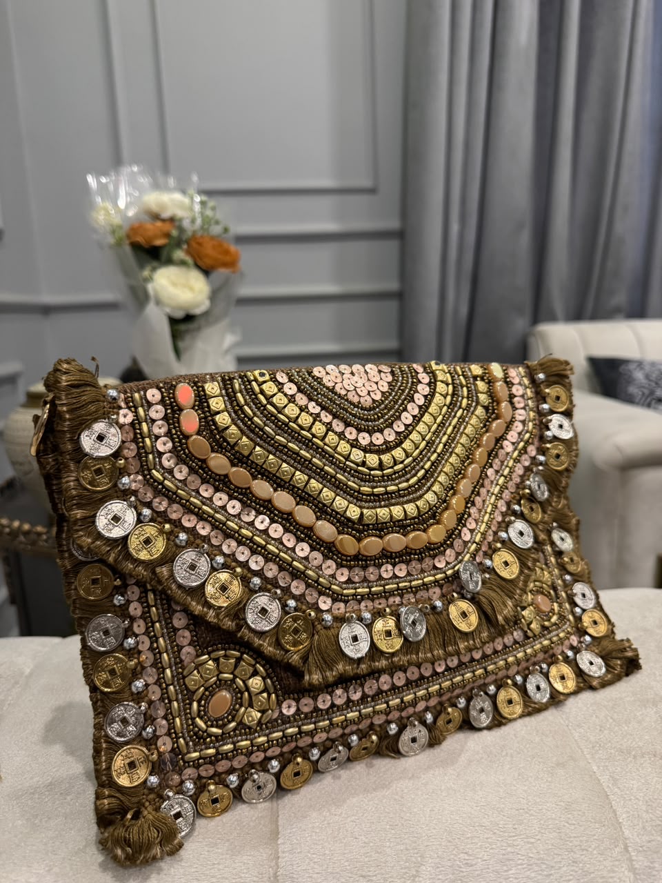 Champagne Gold Beaded Fringe Clutch – Embellished Chain Statement Evening Bag