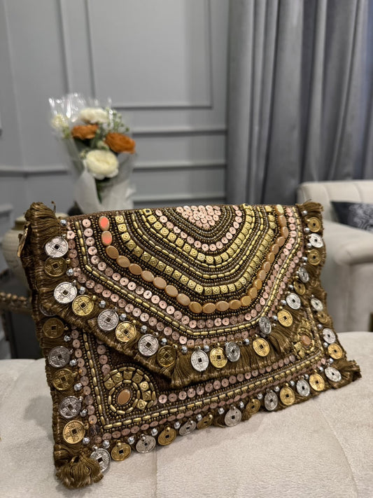 Champagne Gold Beaded Fringe Clutch – Embellished Chain Statement Evening Bag