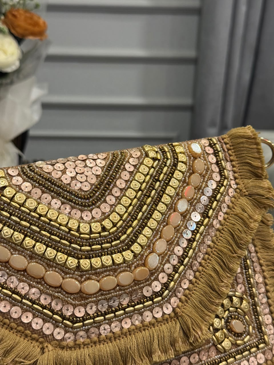 Champagne Gold Beaded Fringe Clutch – Embellished Boho Statement Evening Bag