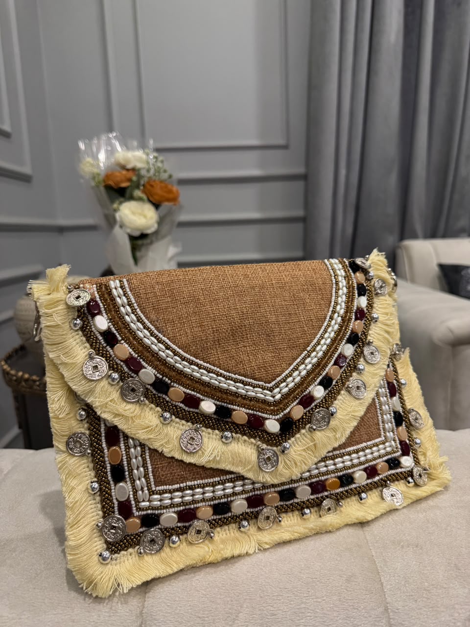 Boho Beige Beaded Fringe Clutch – Hand-Embroidered Statement Evening Bag