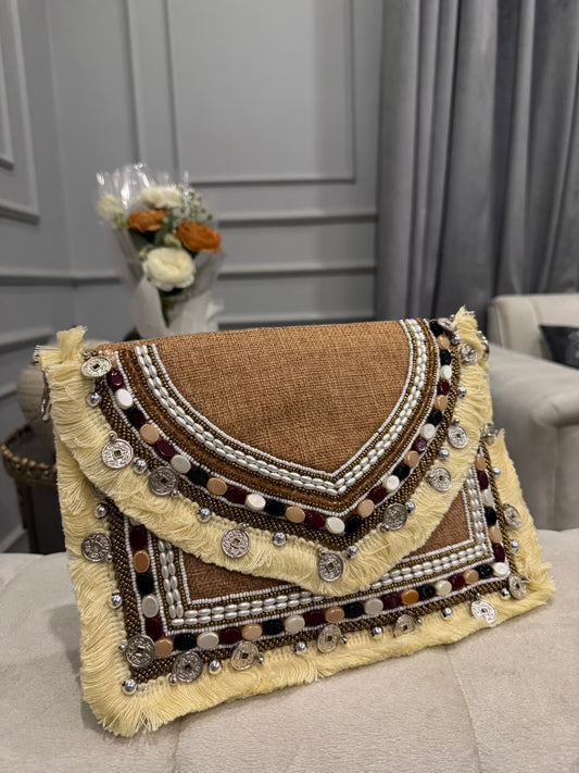 Boho Beige Beaded Fringe Clutch – Hand-Embroidered Statement Evening Bag