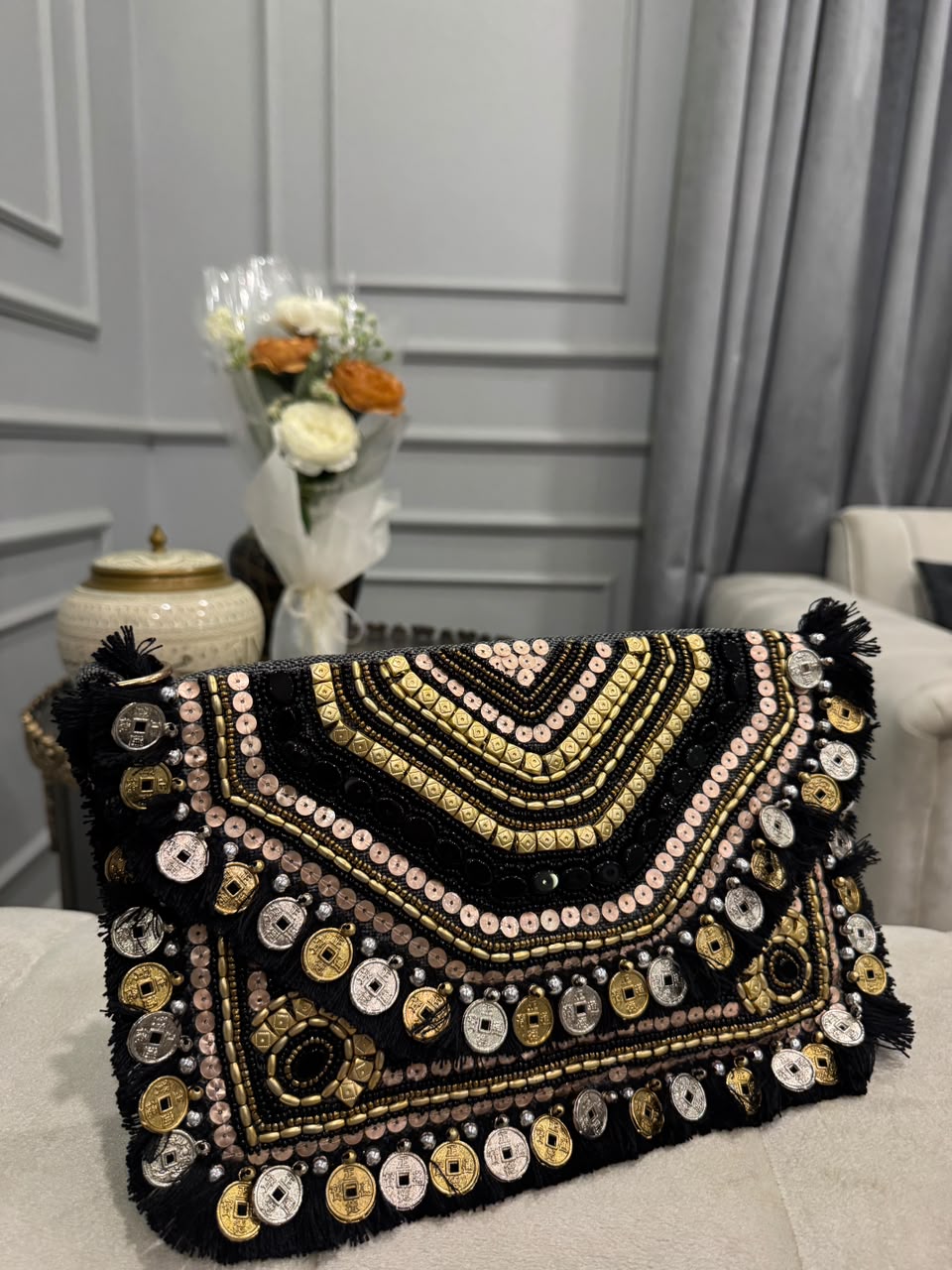 Black Beaded Fringe Clutch – Gold & Silver Embellished Boho Statement Bag