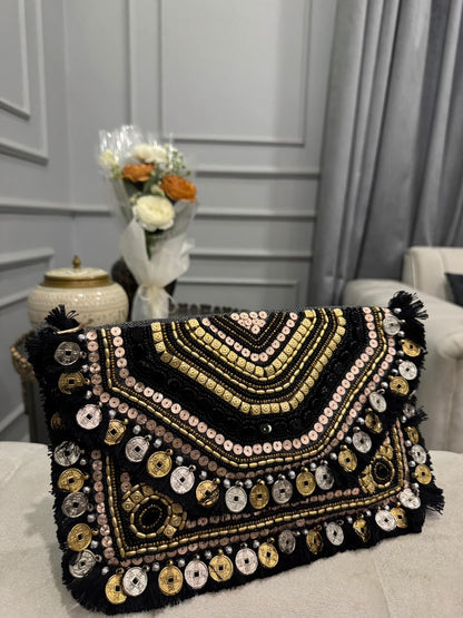 Black Beaded Fringe Clutch – Gold & Silver Embellished Boho Statement Bag