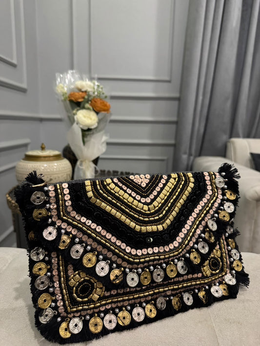 Black Beaded Fringe Clutch – Gold & Silver Embellished Boho Statement Bag
