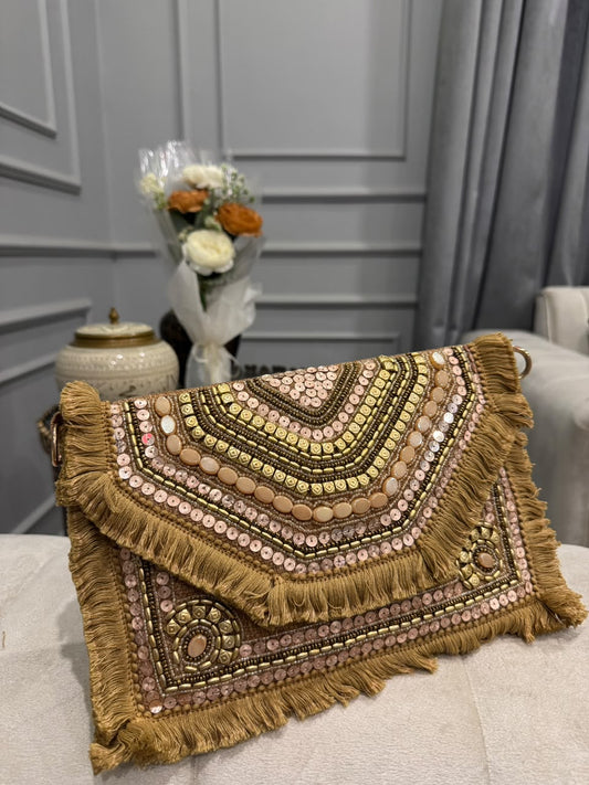 Champagne Gold Beaded Fringe Clutch – Embellished Boho Statement Evening Bag
