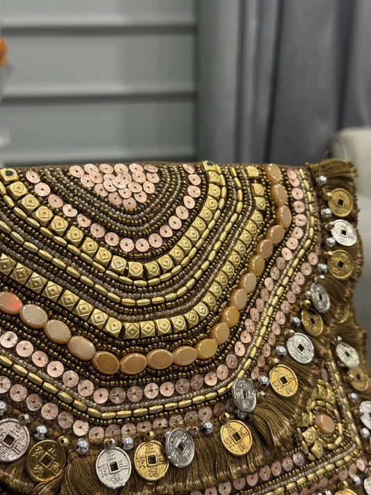 Champagne Gold Beaded Fringe Clutch – Embellished Chain Statement Evening Bag