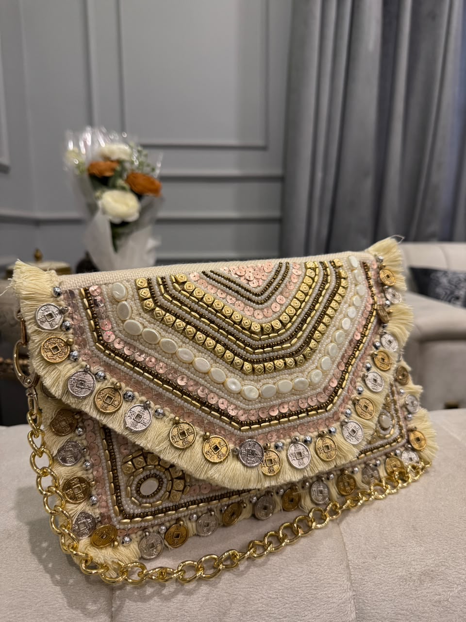 Handcrafted Champagne & Gold Embellished Clutch – Coin & Fringe Statement Bag