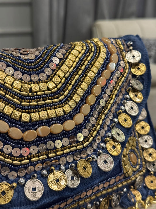 Navy Blue Beaded Chain Clutch – Embellished Boho Statement Evening Bag
