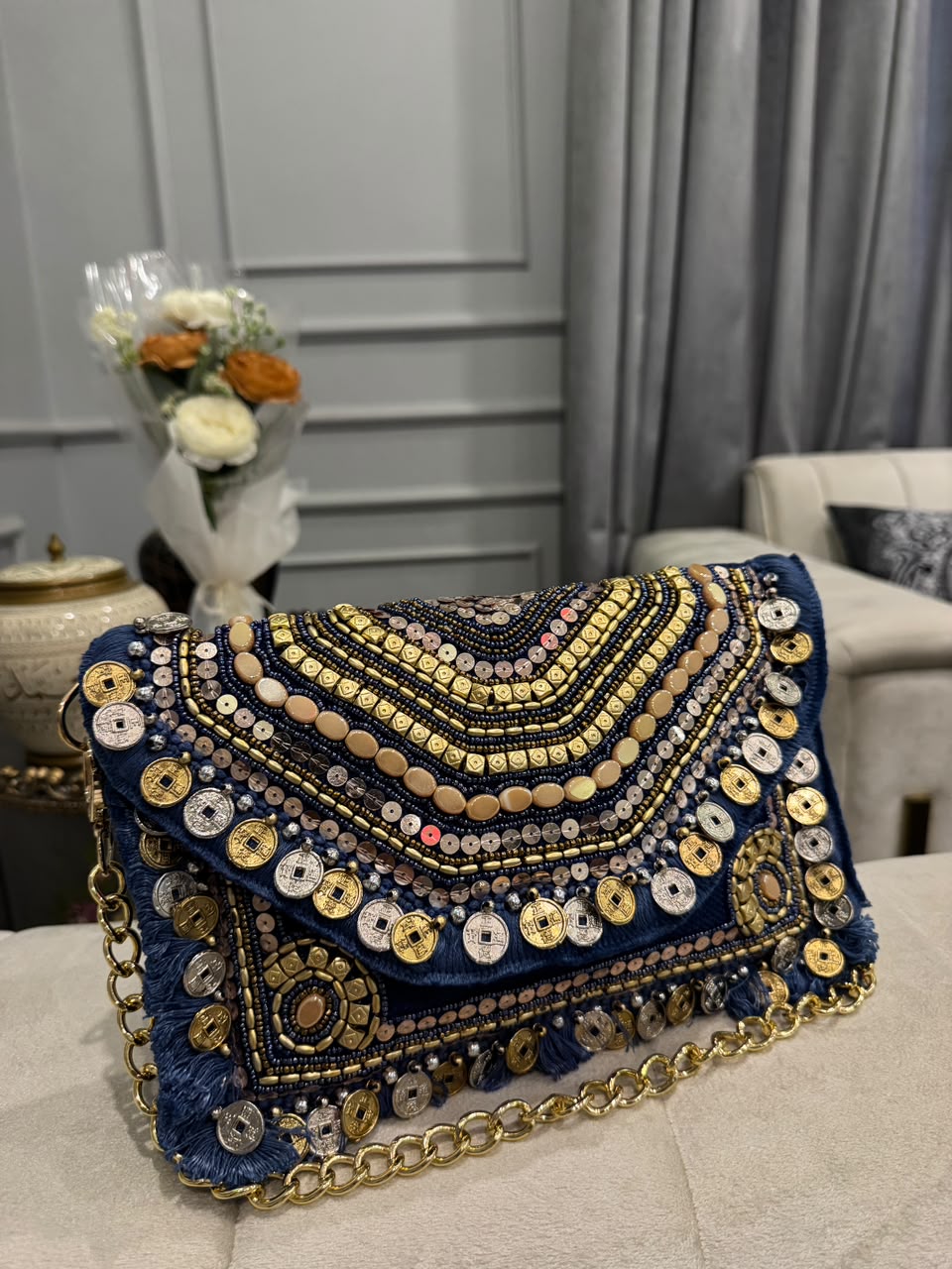Navy Blue Beaded Chain Clutch – Embellished Boho Statement Evening Bag