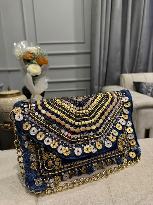 Navy Blue Beaded Chain Clutch – Embellished Boho Statement Evening Bag