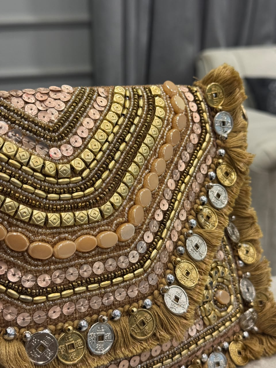 Champagne Gold Beaded Fringe Clutch – Embellished Chain Statement Evening Bag