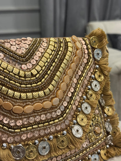 Champagne Gold Beaded Fringe Clutch – Embellished Chain Statement Evening Bag