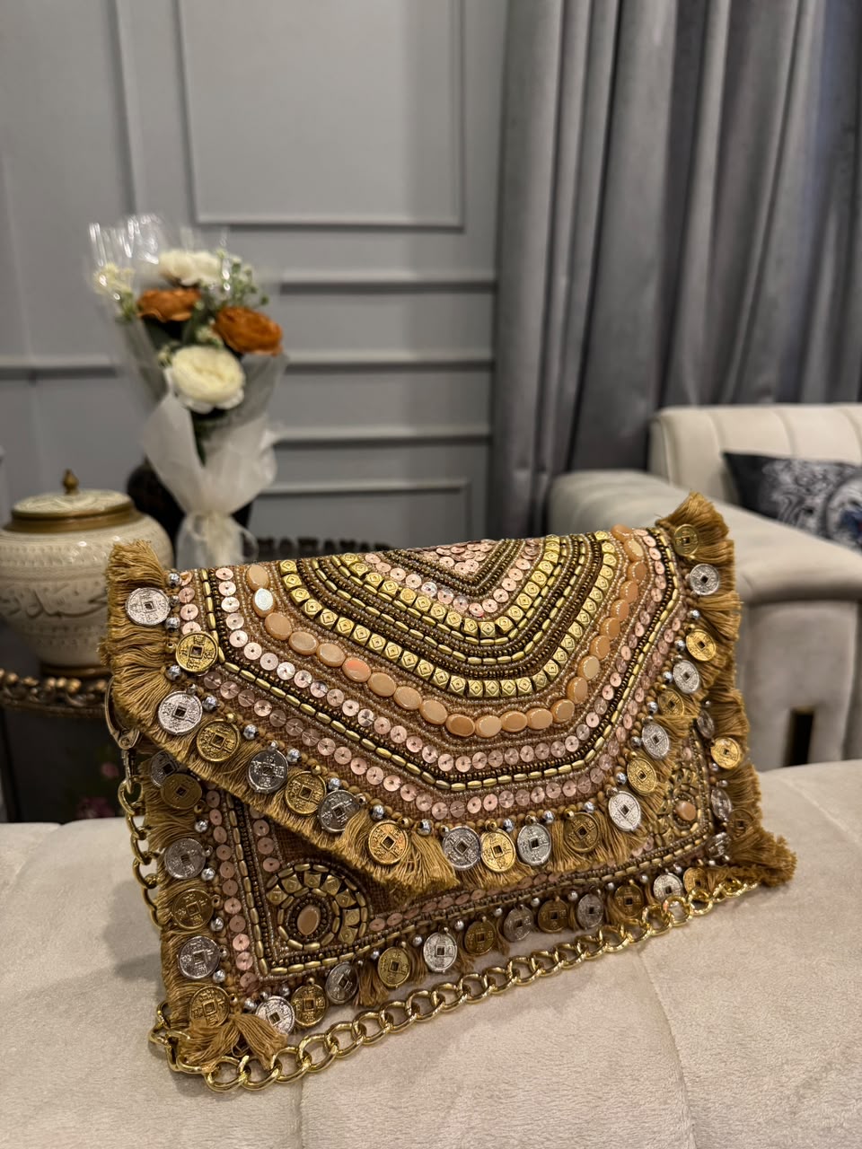 Champagne Gold Beaded Fringe Clutch – Embellished Chain Statement Evening Bag