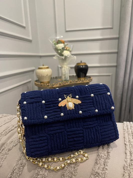 Luxury Navy Blue Pearl-Embellished Bee Clutch Bag with Gold Chain Strap