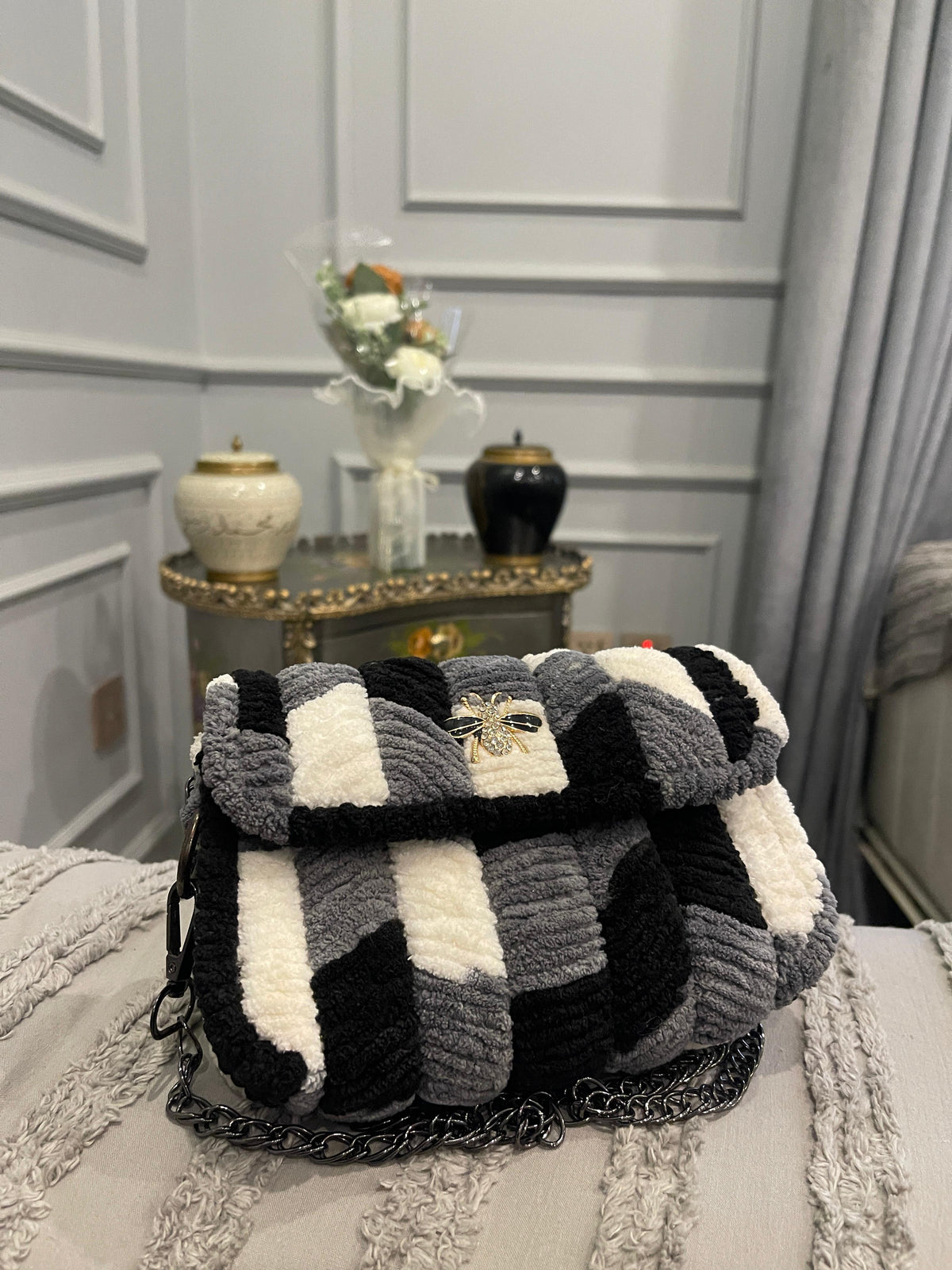 Luxury Handmade Chenille Striped Shoulder Bag with Chain Strap & Gold Floral Brooch