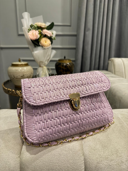 Lavender Woven Clutch Bag with Gold-Tone Chain Strap & Turn-Lock Closure