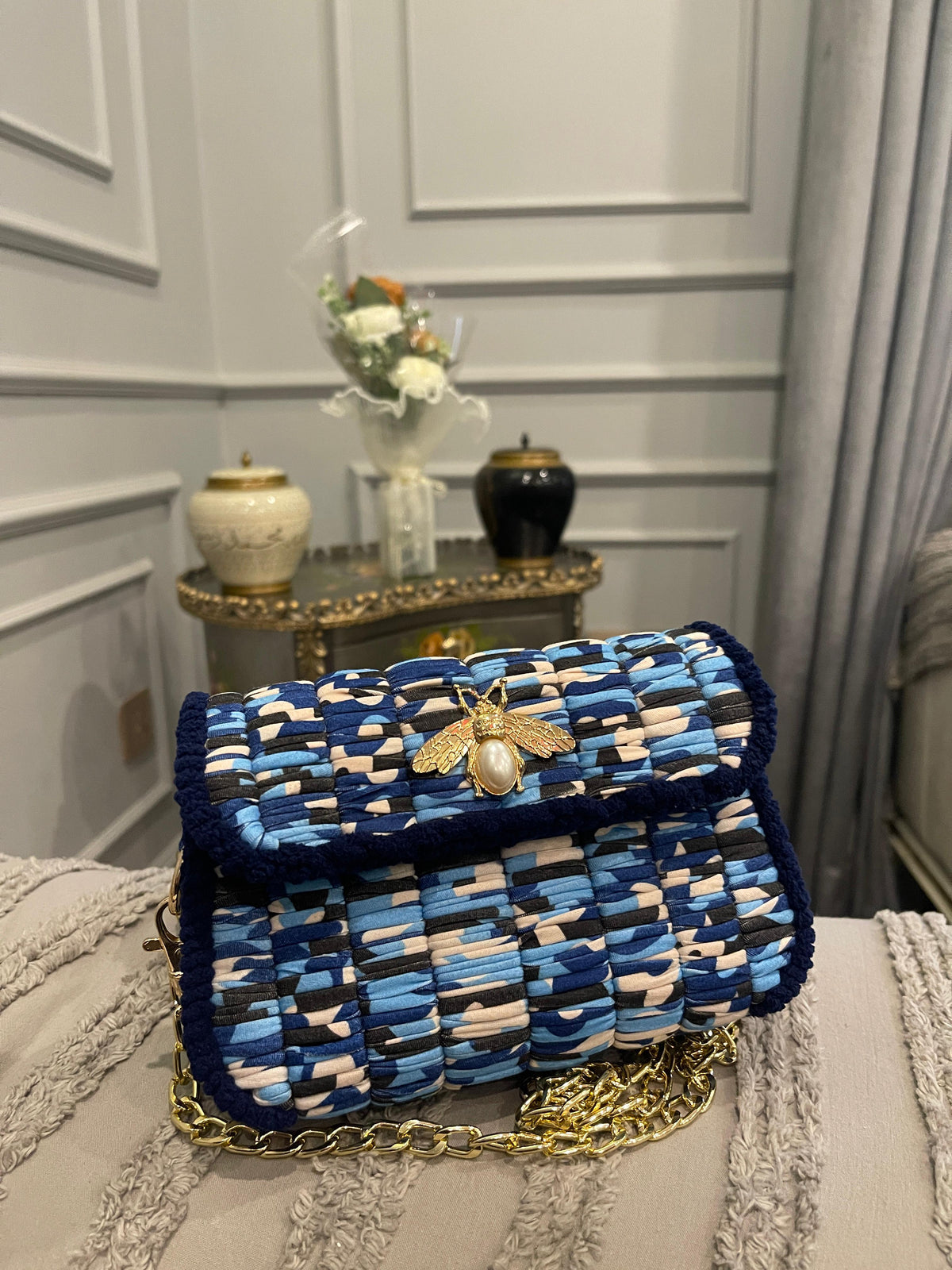 Blue & Cream Woven Shoulder Bag with Pearl Bee Brooch & Gold Chain Strap