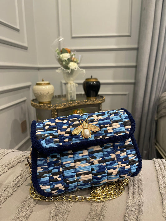 Blue & Cream Woven Shoulder Bag with Pearl Bee Brooch & Gold Chain Strap