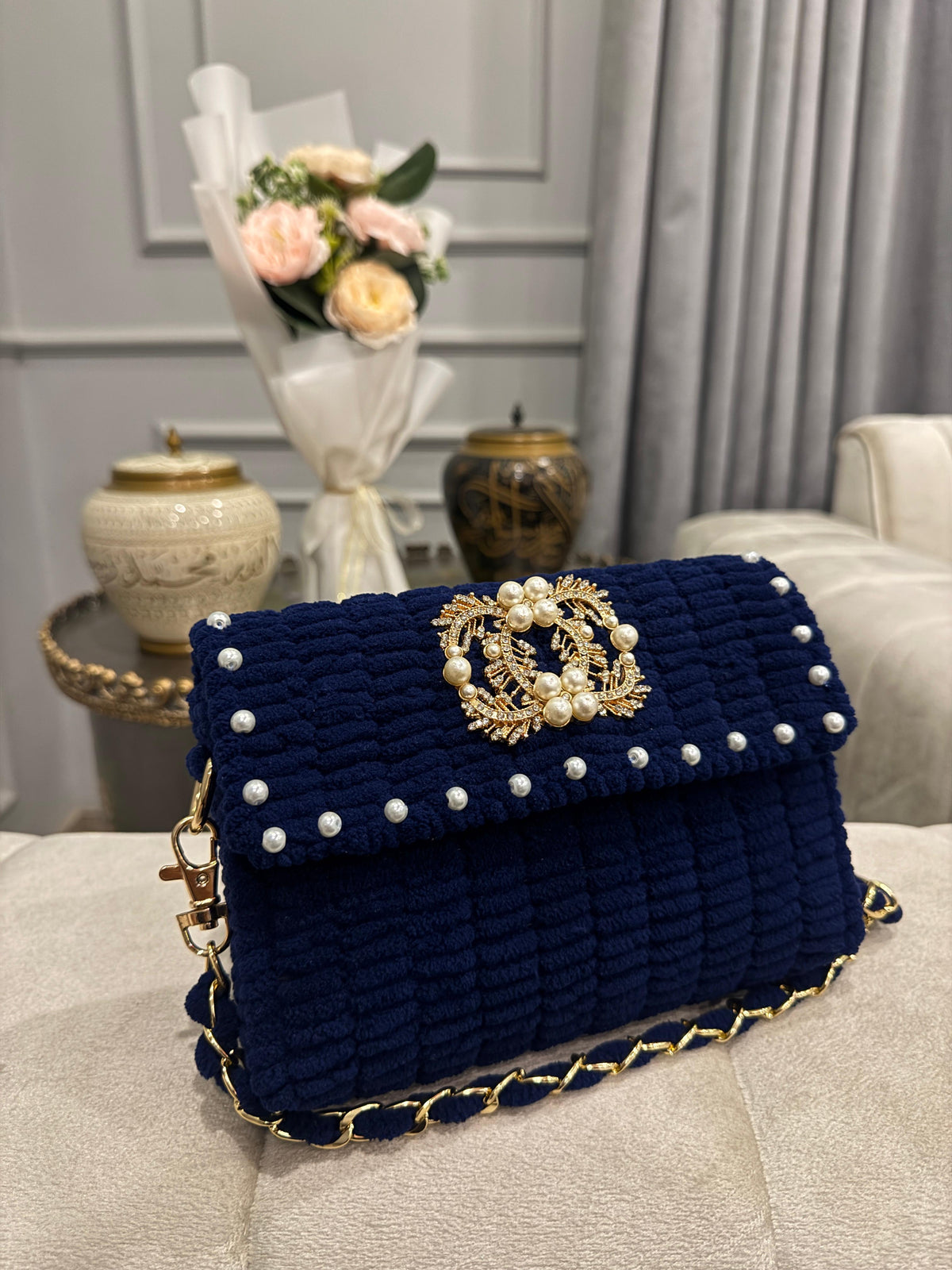 Navy Blue Textured Shoulder Bag with Pearl Embellishments & Gold Chain