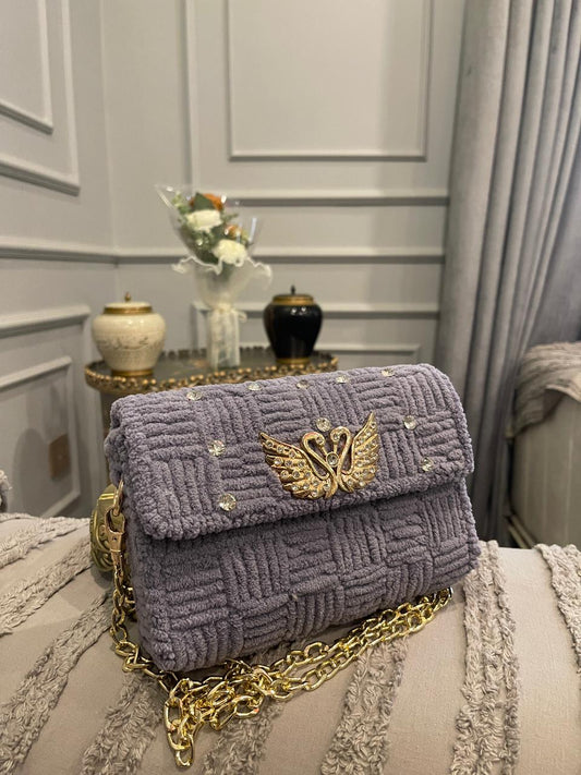 Luxury Quilted Velvet Rhinestone Swan Clutch Bag with Gold Chain