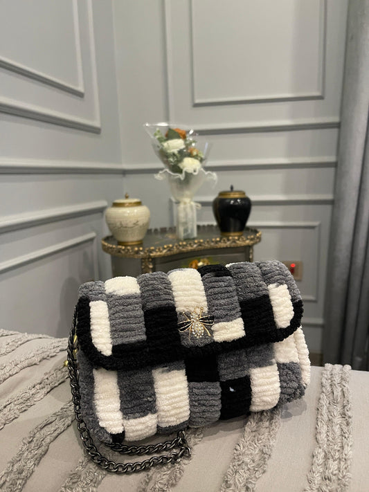 Luxury Textured Chenille Shoulder Bag – Black, Grey & Ivory Checkered Design with Chain Strap