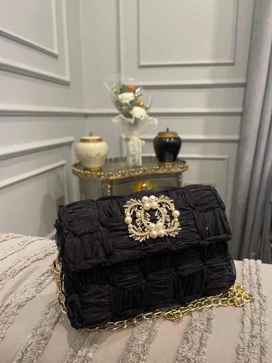 Elegant Black Quilted Velvet Clutch Bag with Pearl & Rhinestone Brooch and Gold Chain Strap